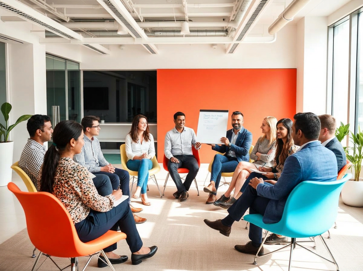 Corporate team in a wellbeing workshop circle