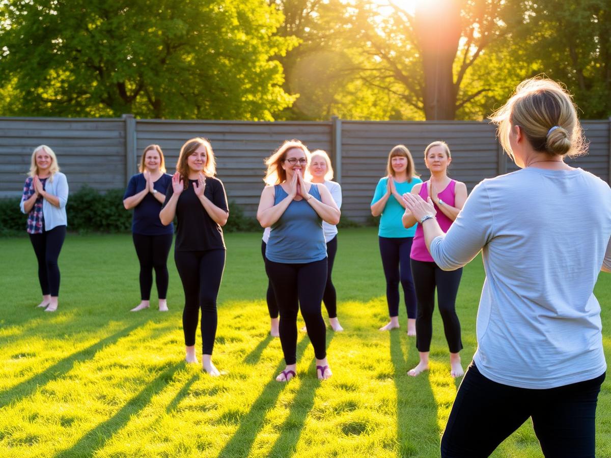Group practising guided breathing outdoors at sunrise