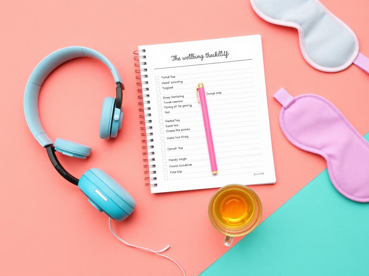 Headphones, checklist notebook and sleep mask laid out on a colourful background