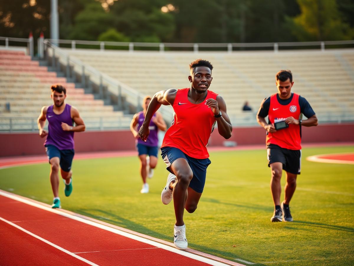 Athletes sprinting on a track with a coach timing them